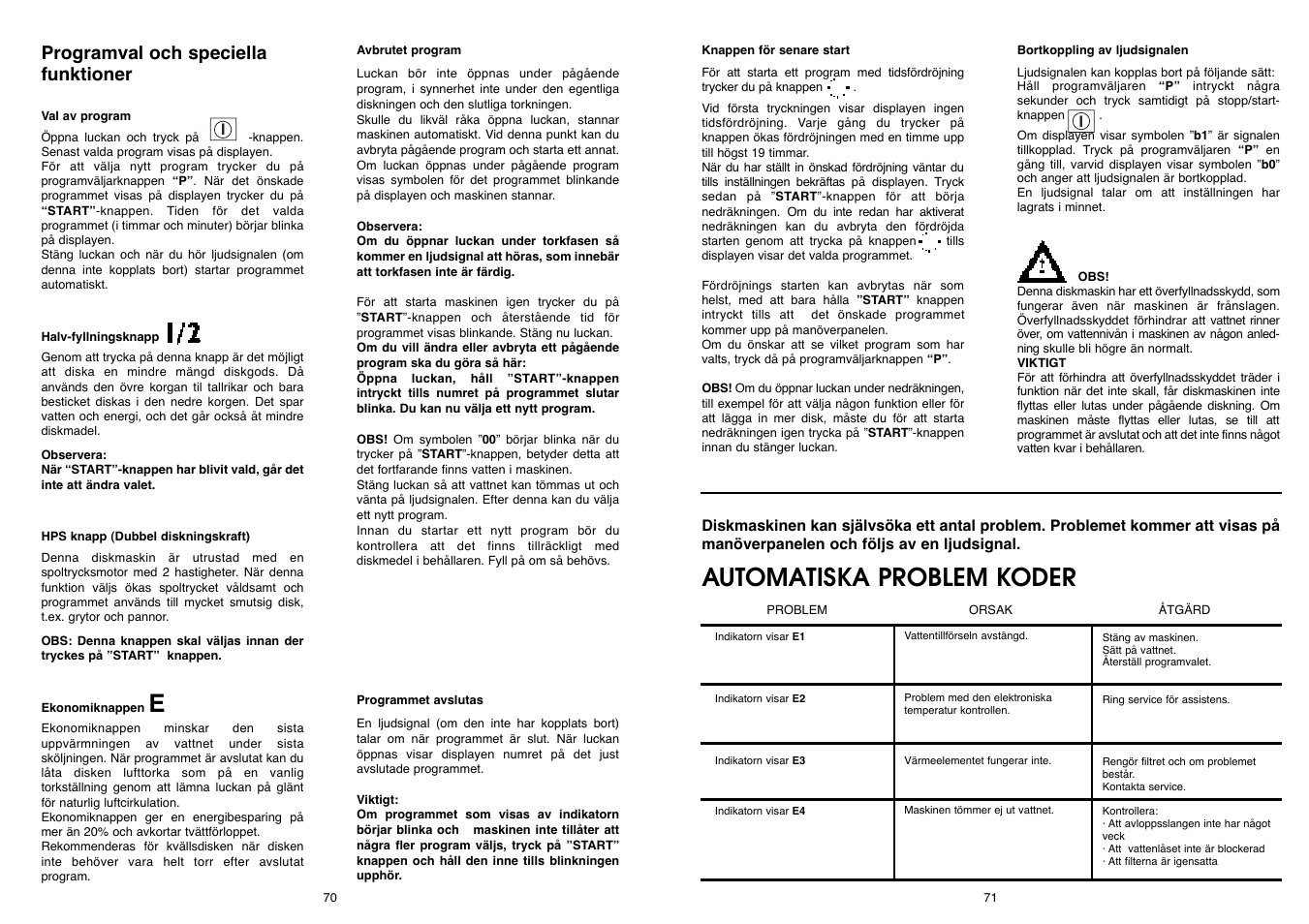 Automatiska problem koder, Programval och speciella funktioner | Candy DFI 105 T User Manual | Page 36 / 49