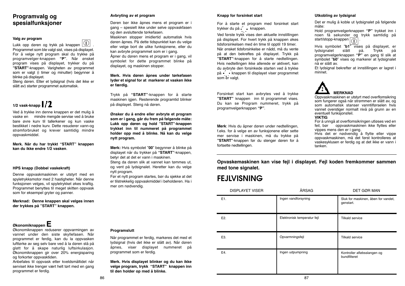 Fejlvisning, Programvalg og spesialfunksjoner | Candy DFI 105 T User Manual | Page 44 / 49