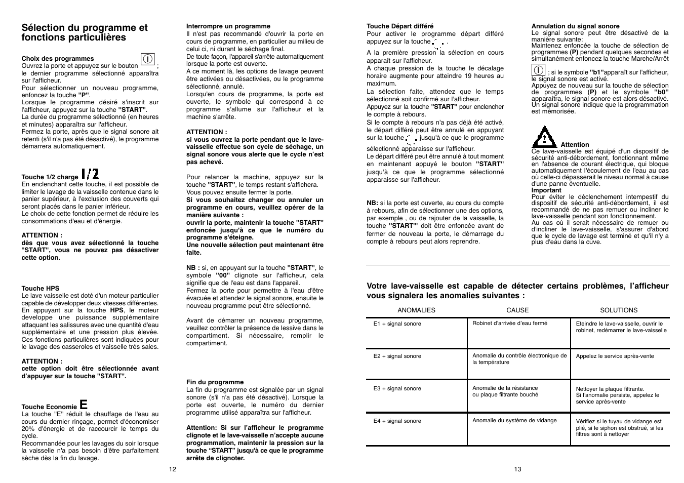Sélection du programme et fonctions particulières | Candy DFI 105 T User Manual | Page 7 / 49