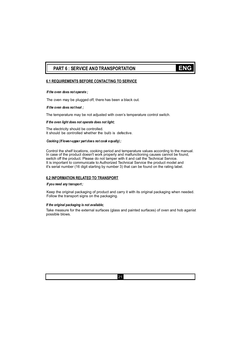 Part 6 : service and transportation | Candy PCV 604 C User Manual | Page 23 / 24