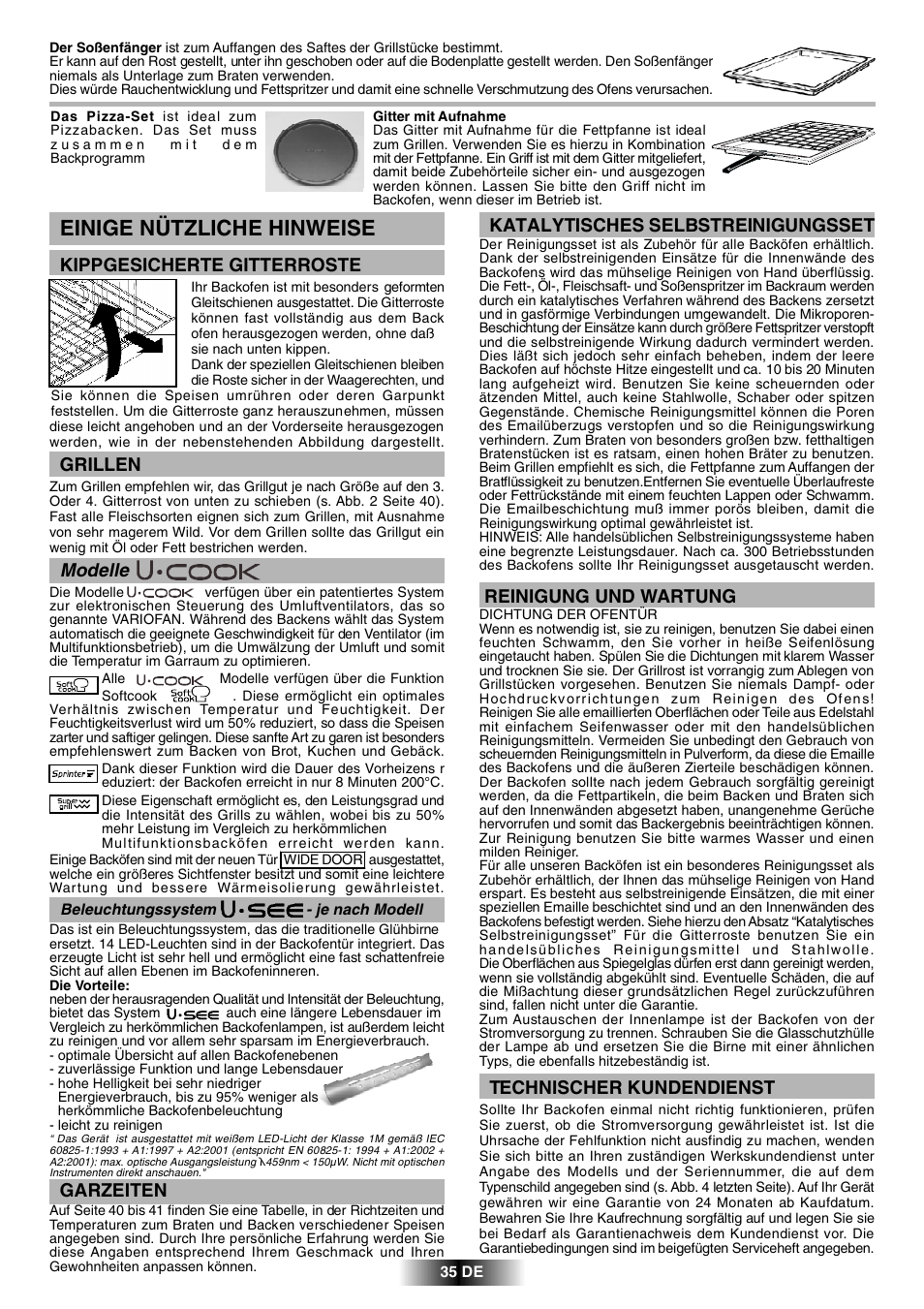 Einige nützliche hinweise, Reinigung und wartung, Technischer kundendienst | Katalytisches selbstreinigungsset, Grillen, Garzeiten, Kippgesicherte gitterroste, Modelle | Candy FVH 927 X User Manual | Page 28 / 43