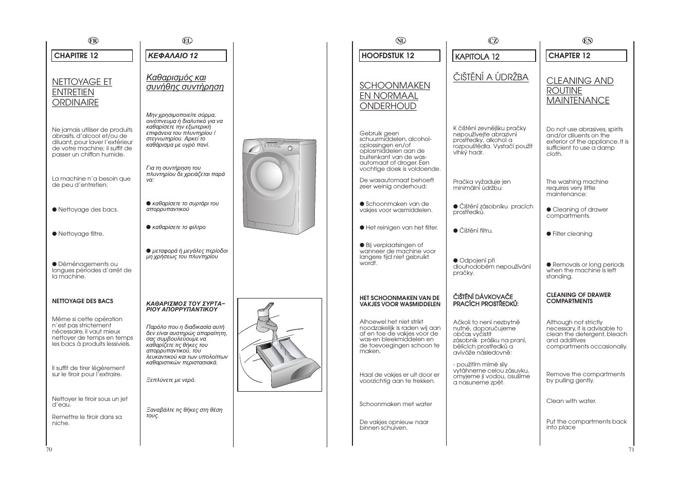 Nettoyage et entretien ordinaire, Cleaning and routine maintenance, Öiätëní a údrïba | Schoonmaken en normaal onderhoud | Candy GO 1482D-86S User Manual | Page 36 / 41
