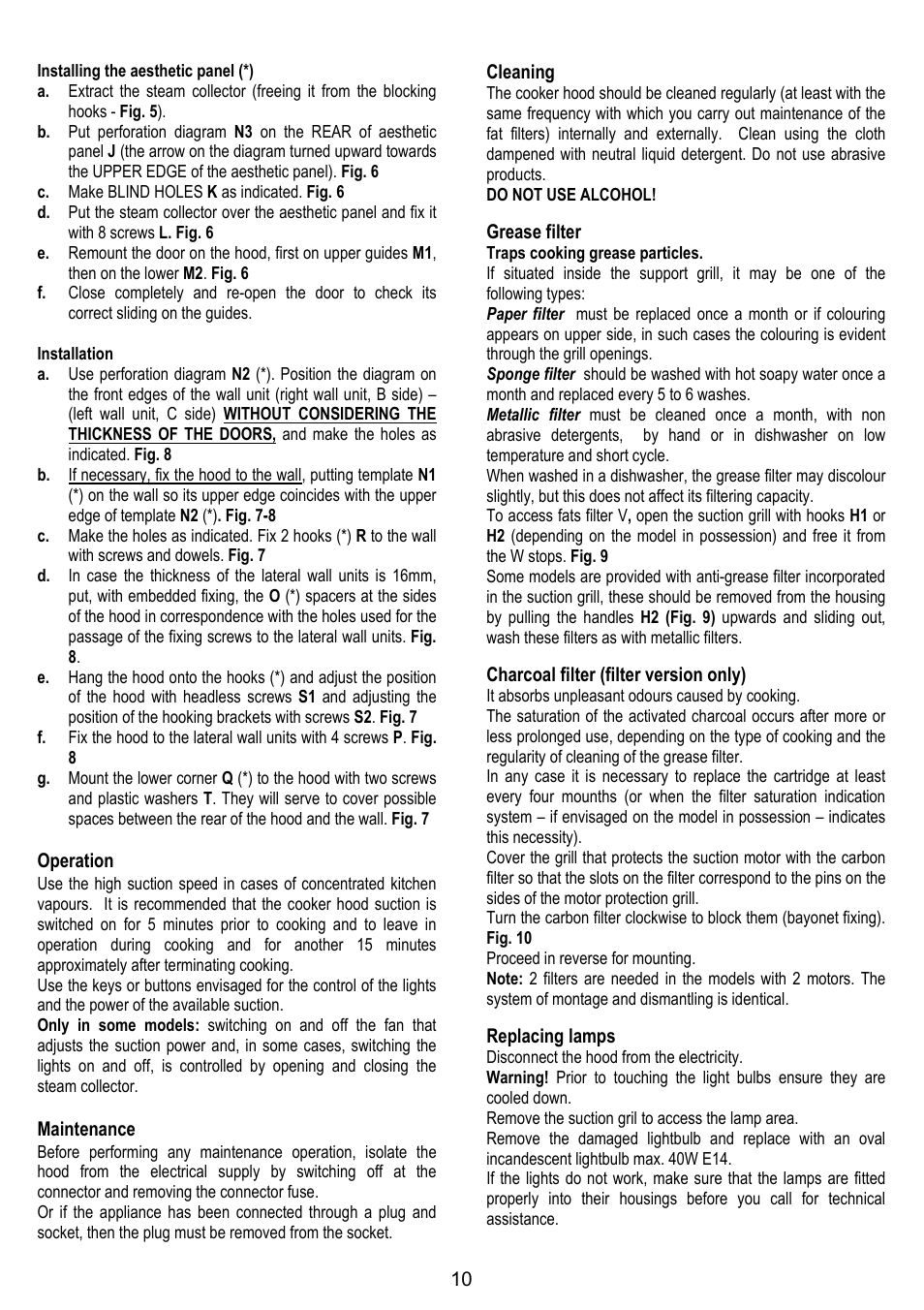 Operation, Maintenance, Cleaning | Grease filter, Charcoal filter (filter version only), Replacing lamps | Candy CBP 62 W User Manual | Page 10 / 36