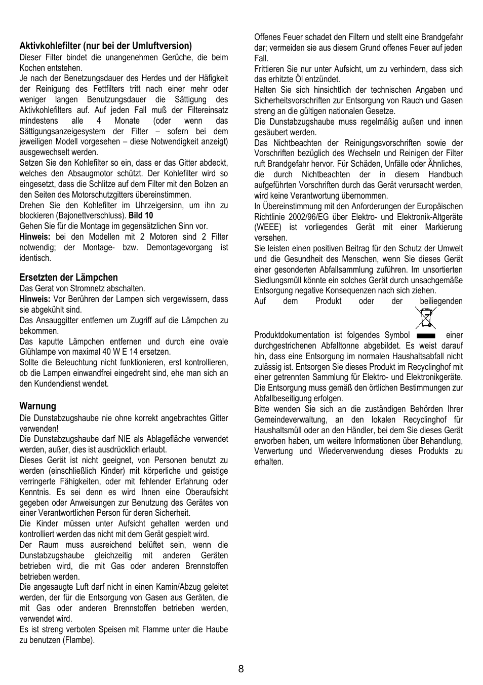 Aktivkohlefilter (nur bei der umluftversion), Ersetzten der lämpchen, Warnung | Candy CBP 62 W User Manual | Page 8 / 36