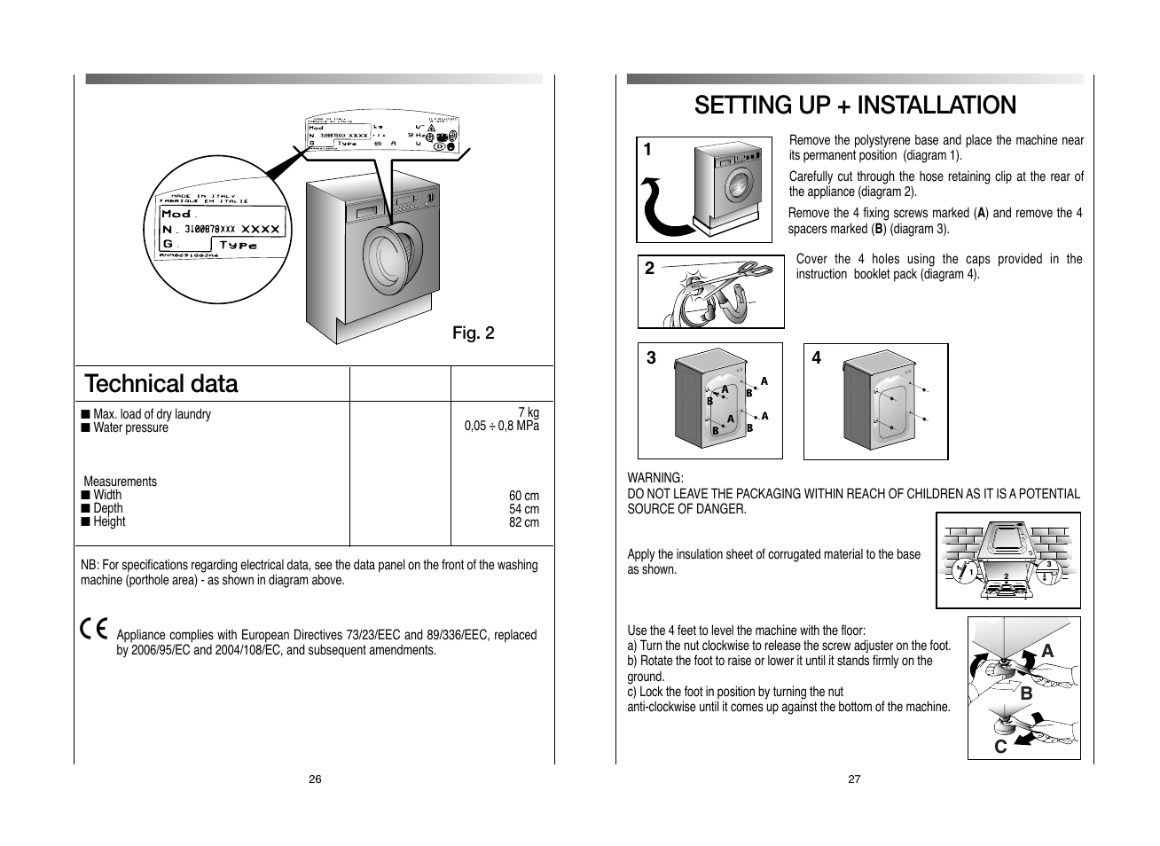 Technical data, Setting up + installation | Candy CWB 714D-80S User Manual | Page 14 / 17