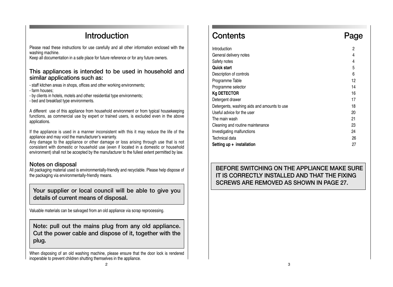 Contents page, Introduction | Candy CWB 714D-80S User Manual | Page 2 / 17