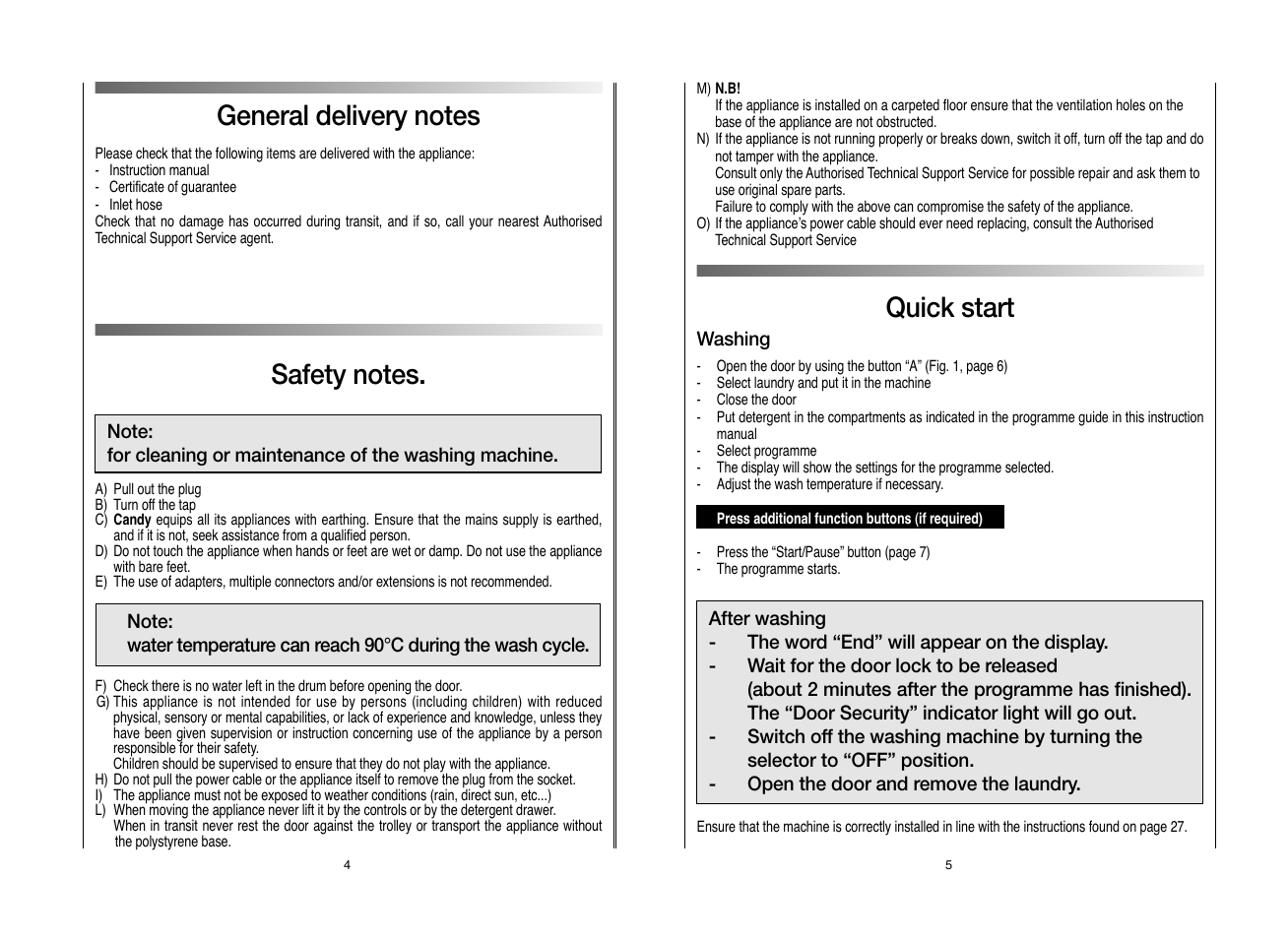 Quick start | Candy CWB 714D-80S User Manual | Page 3 / 17