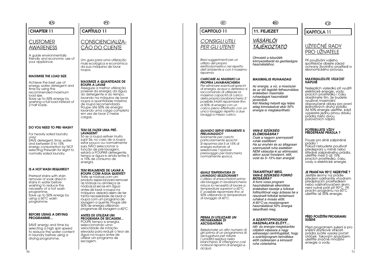 Vásárlói tájékoztató, Consigli utili per gli utenti, Uîiteâné rady pro uîivatele | Customer awareness, Consciencializa- ção do cliente | Candy EVOW 4963D-S User Manual | Page 36 / 53