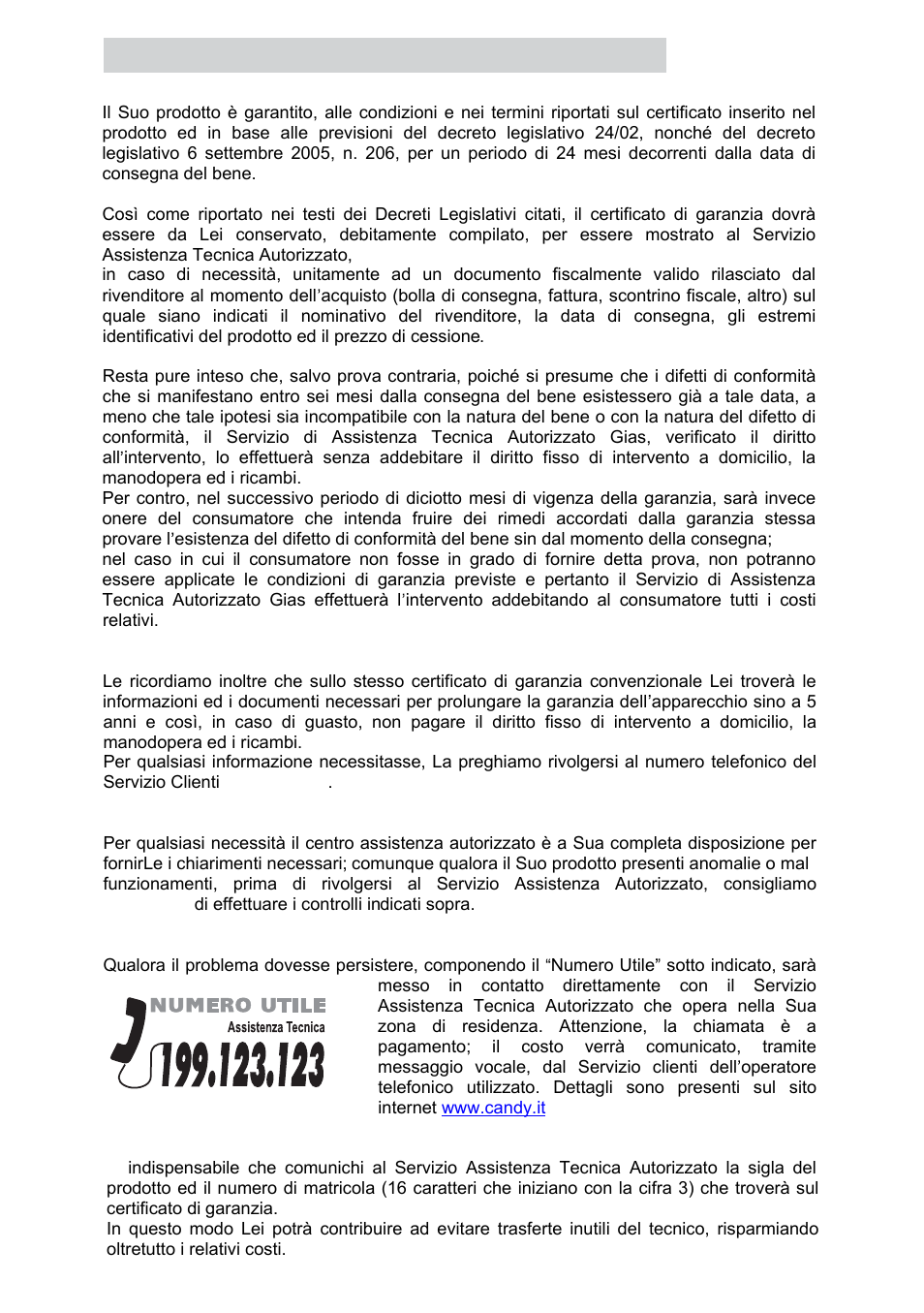 Servizio assistenza clienti | Candy PL 31 ASX User Manual | Page 15 / 78