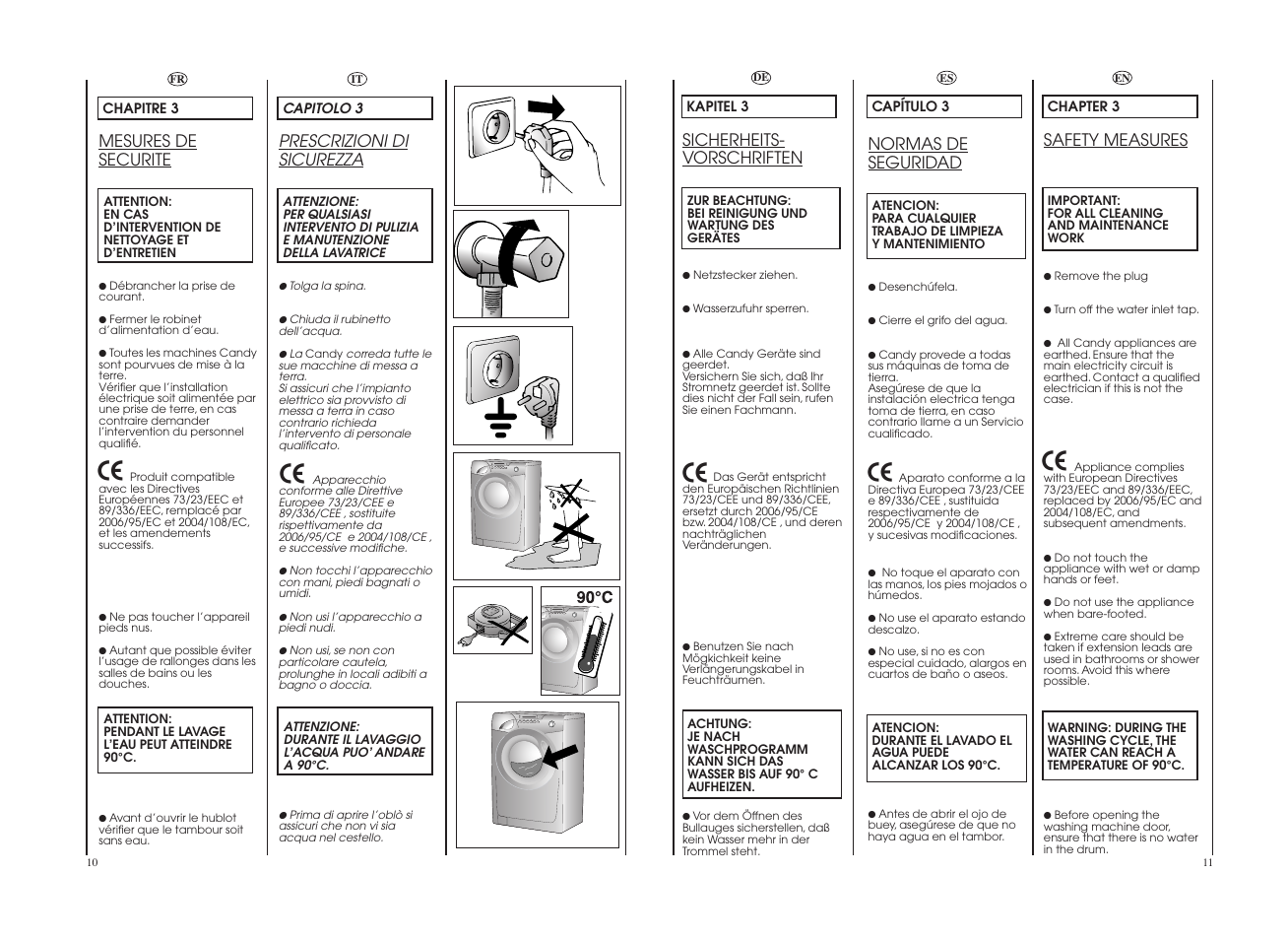 Prescrizioni di sicurezza, Mesures de securite, Sicherheits- vorschriften | Safety measures, Normas de seguridad | Candy GO 1472DEHC-37S User Manual | Page 6 / 41