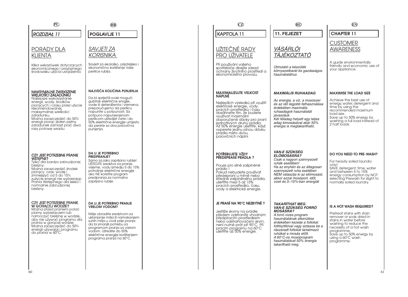 Savjeti za korisnika, Vásárlói tájékoztató, Porady dla klienta | Uîiteâné rady pro uîivatele, Customer awareness | Candy COS 105DF-16S User Manual | Page 31 / 41
