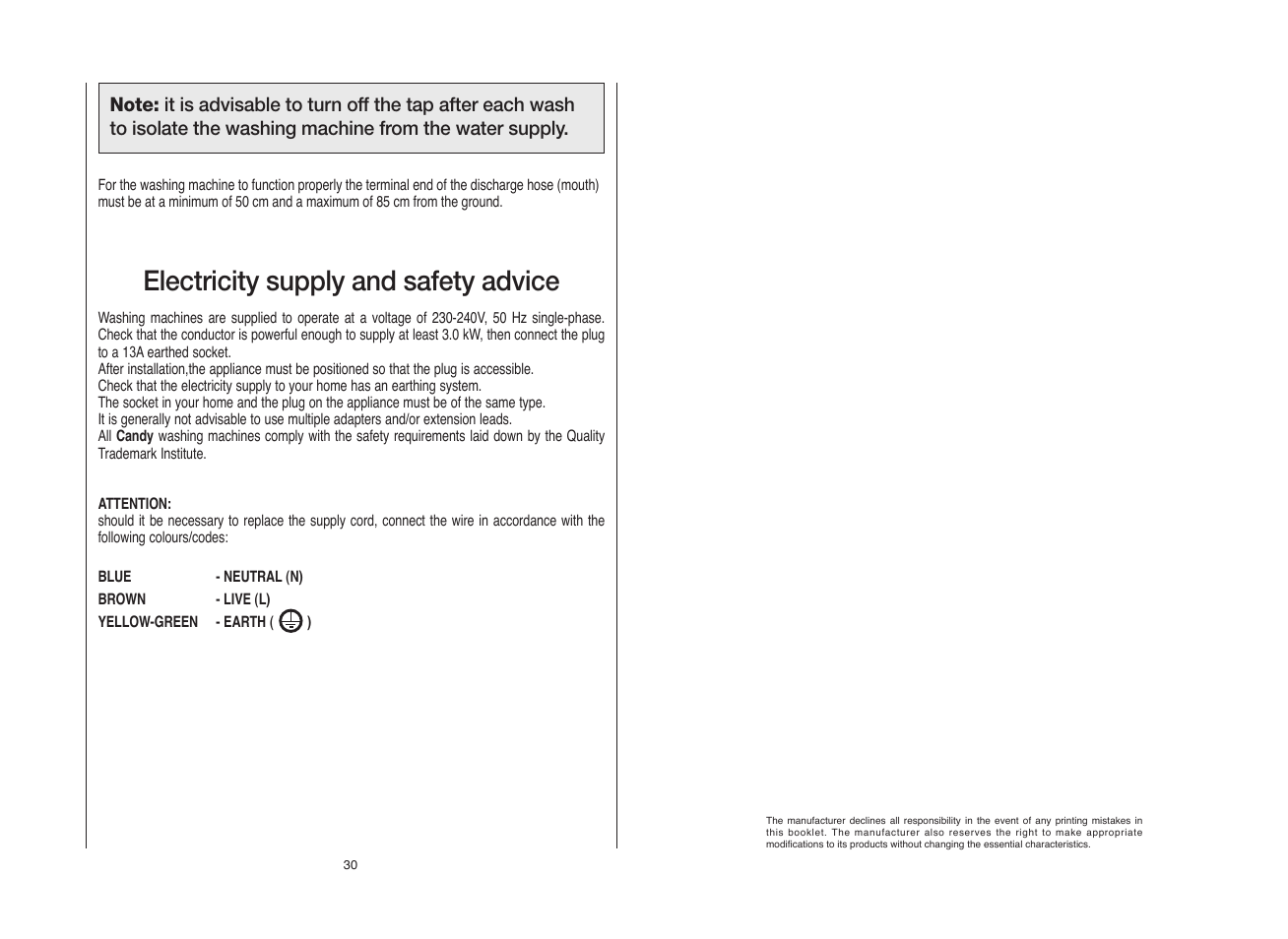 Electricity supply and safety advice | Candy GOF662S__янв.80 User Manual | Page 16 / 17