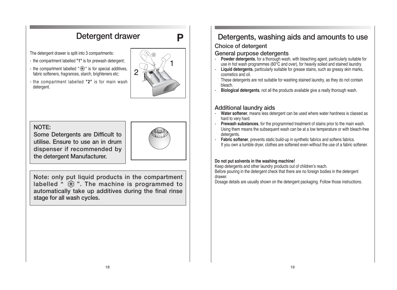 Detergent drawer, Detergents, washing aids and amounts to use | Candy GO 1282D-UK User Manual | Page 10 / 17