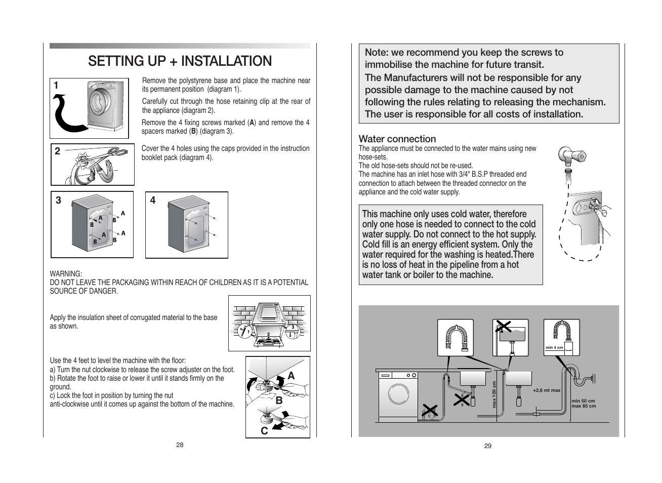 Setting up + installation | Candy GO 1282D-UK User Manual | Page 15 / 17