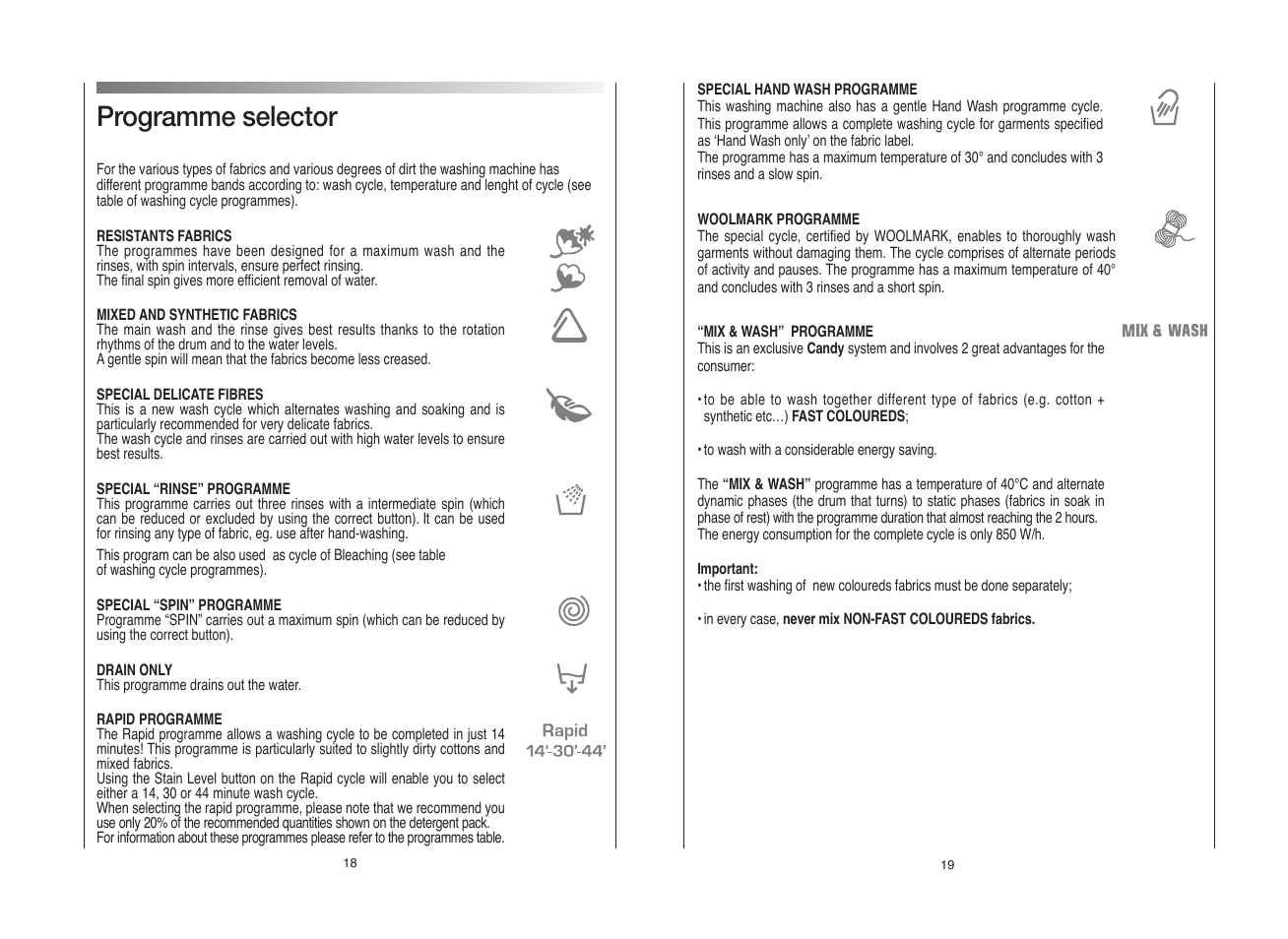 Programme selector | Candy GO L User Manual | Page 10 / 17