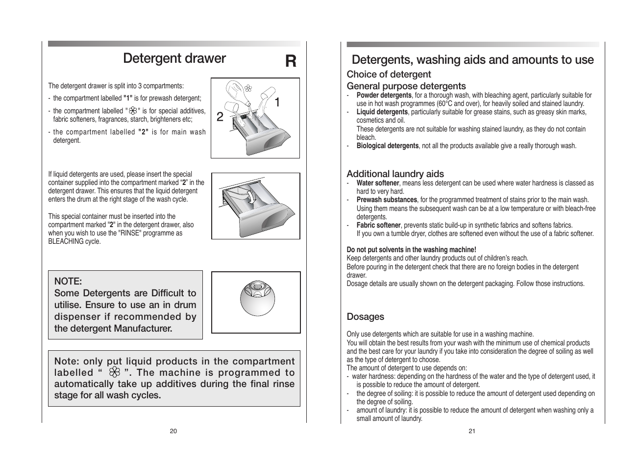 Detergent drawer, Detergents, washing aids and amounts to use | Candy GO L User Manual | Page 11 / 17