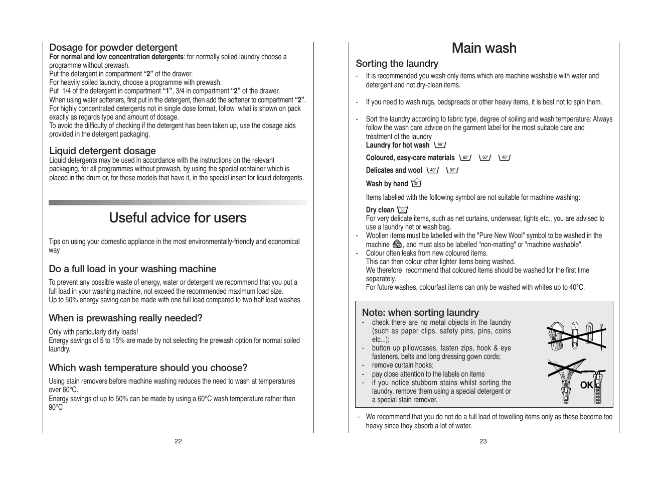 Main wash, Useful advice for users | Candy GO L User Manual | Page 12 / 17