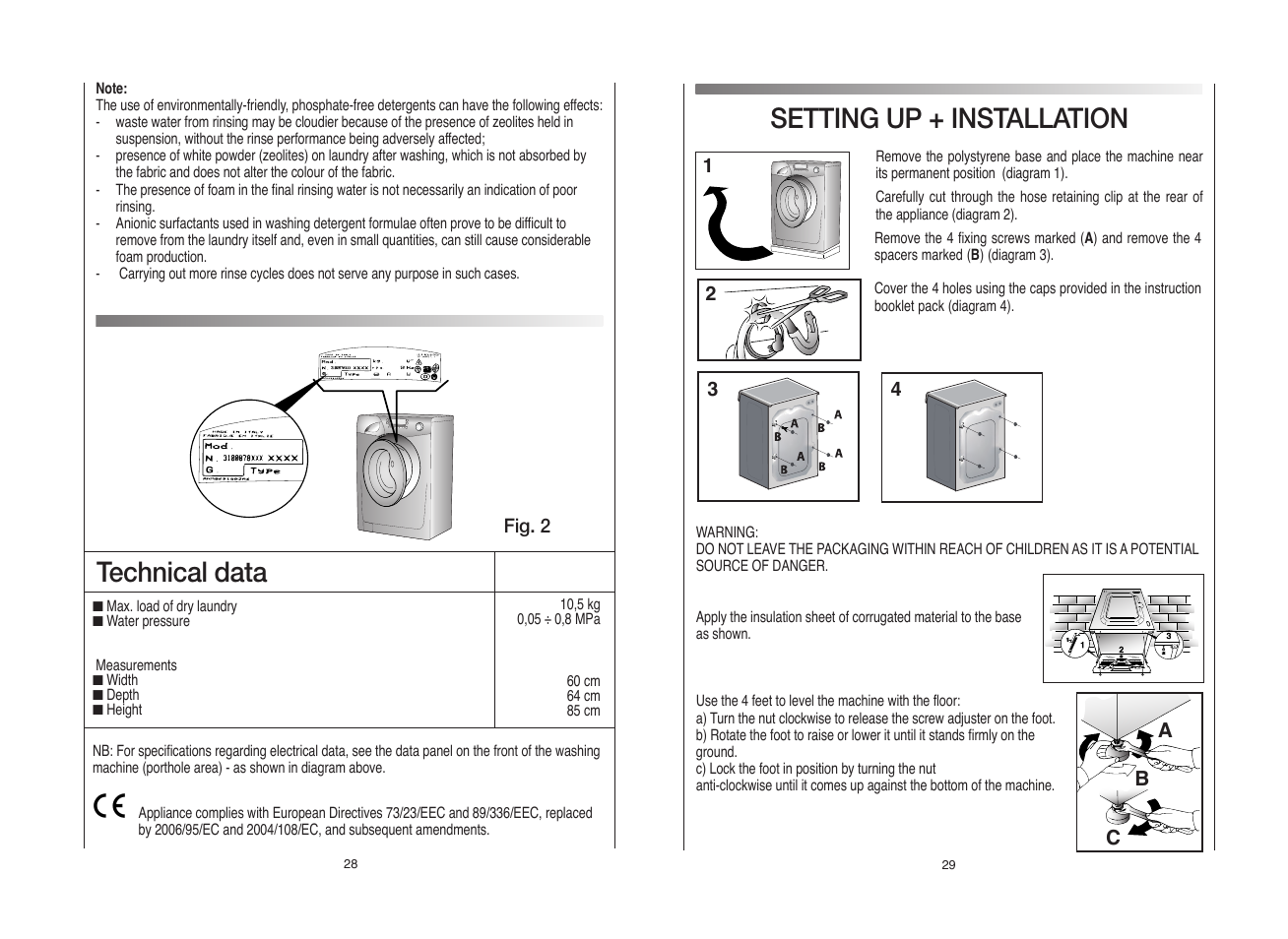 Setting up + installation, Technical data | Candy GO L User Manual | Page 15 / 17