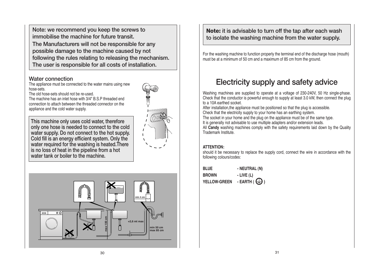 Electricity supply and safety advice | Candy GO L User Manual | Page 16 / 17