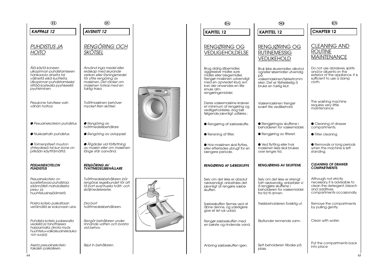 Rengøring og vedligeholdelse, Rengjøring og rutinemessig vedlikehold, Puhdistus ja hoito | Rengöring och skötsel, Cleaning and routine maintenance | Candy EVO 1682D-S User Manual | Page 33 / 41