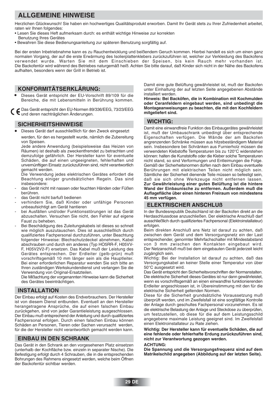 Allgemeine hinweise, Konformitätserklärung, Sicherheitshinweise | Installation, Einbau in den schrank, Wichtig, Elektrischer anschluß | Candy FNP 612 X User Manual | Page 30 / 52