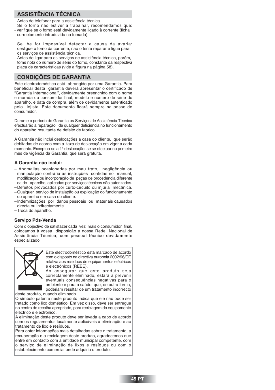 Assistência técnica, Condições de garantia | Candy FNP 612 X User Manual | Page 46 / 52