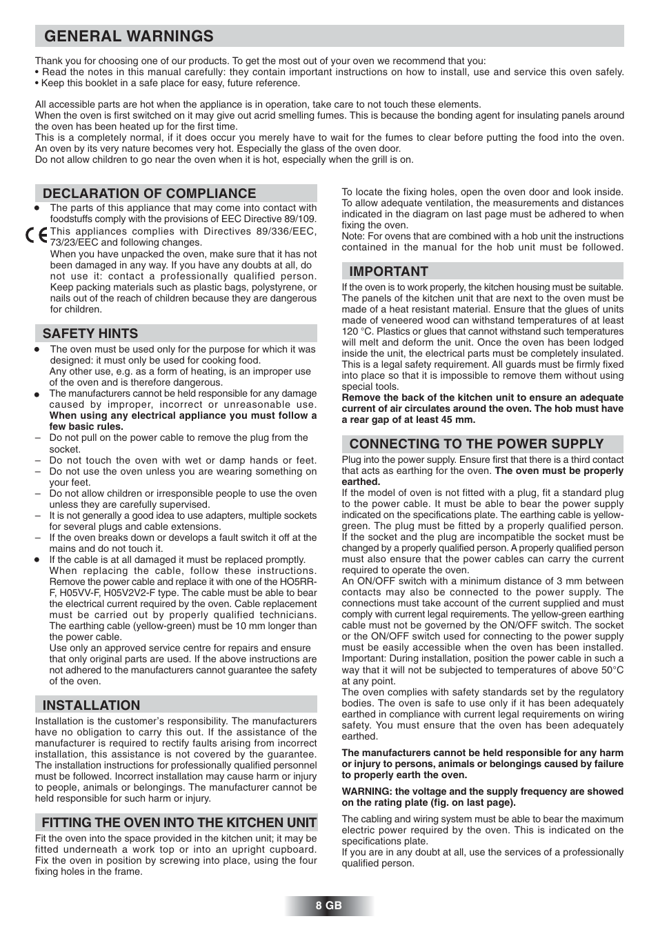 General warnings, Important, Connecting to the power supply | Declaration of compliance, Safety hints, Installation, Fitting the oven into the kitchen unit | Candy FNP 612 X User Manual | Page 9 / 52