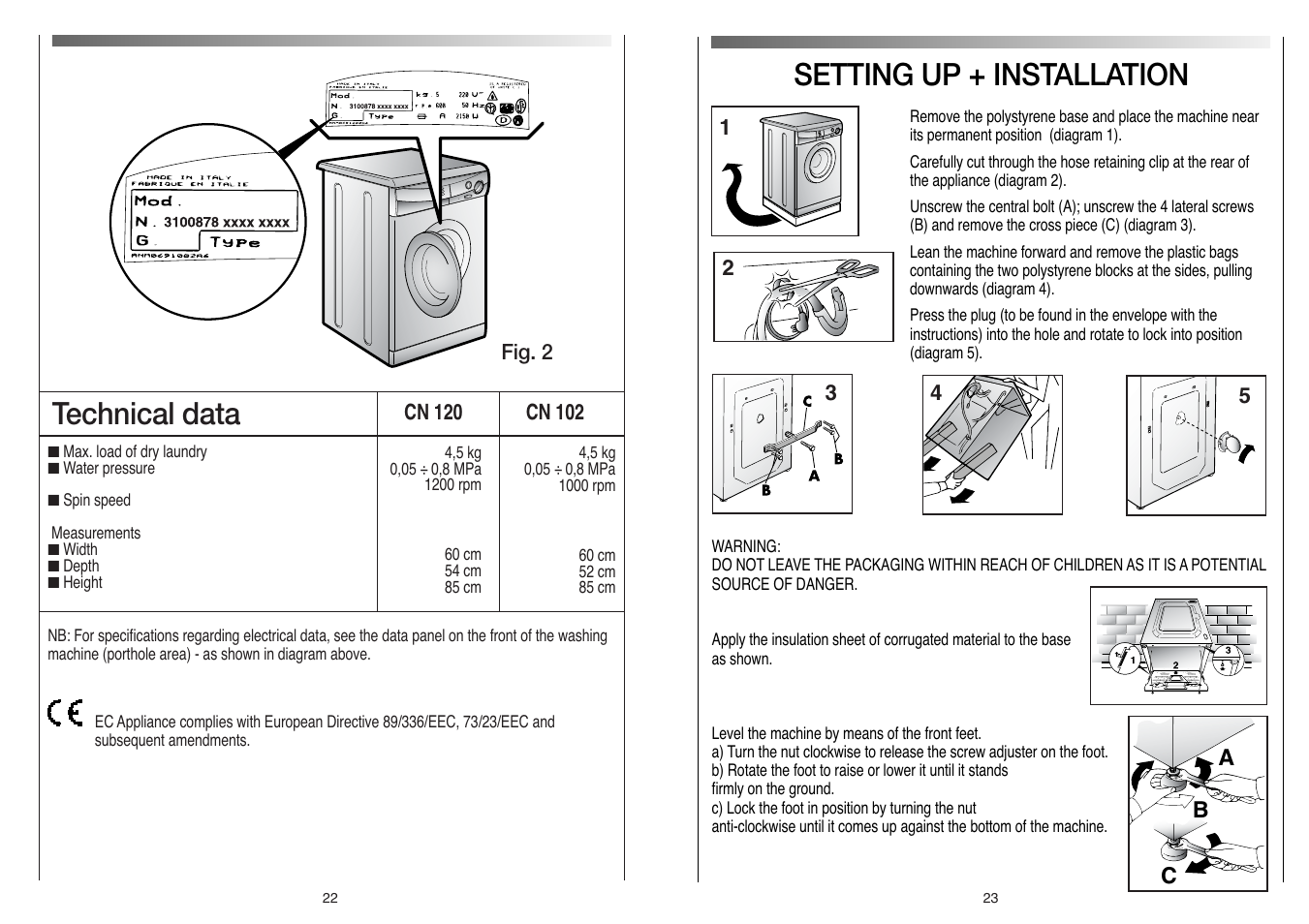 Setting up + installation, Technical data | Candy LB CN 102 T UK User Manual | Page 12 / 17