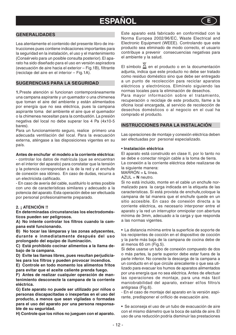 Español | Candy CVM 95L X User Manual | Page 12 / 64