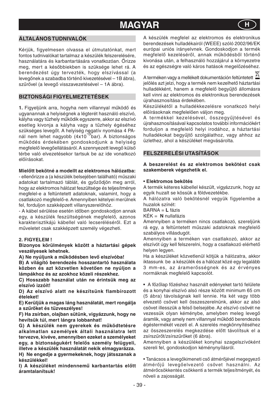 Magyar | Candy CVM 95L X User Manual | Page 39 / 64