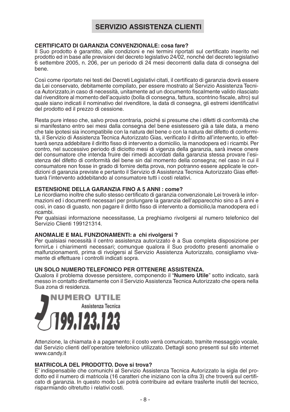 Servizio assistenza clienti | Candy CVM 95L X User Manual | Page 8 / 64