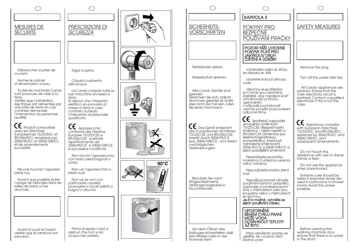 Prescrizioni di sicurezza, Mesures de securite, Sicherheits- vorschriften | Safety measures, Pokyny pro bezpeöné pouïívání praöky | Candy GO W485D-01S User Manual | Page 6 / 53