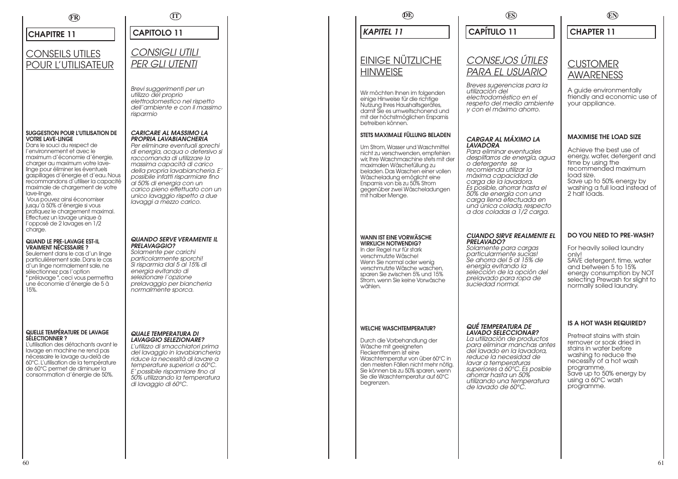 Customer awareness, Conseils utiles pour l’utilisateur, Einige nützliche hinweise | Consigli utili per gli utenti, Consejos útiles para el usuario | Candy LBCM2106.5-04S User Manual | Page 31 / 41