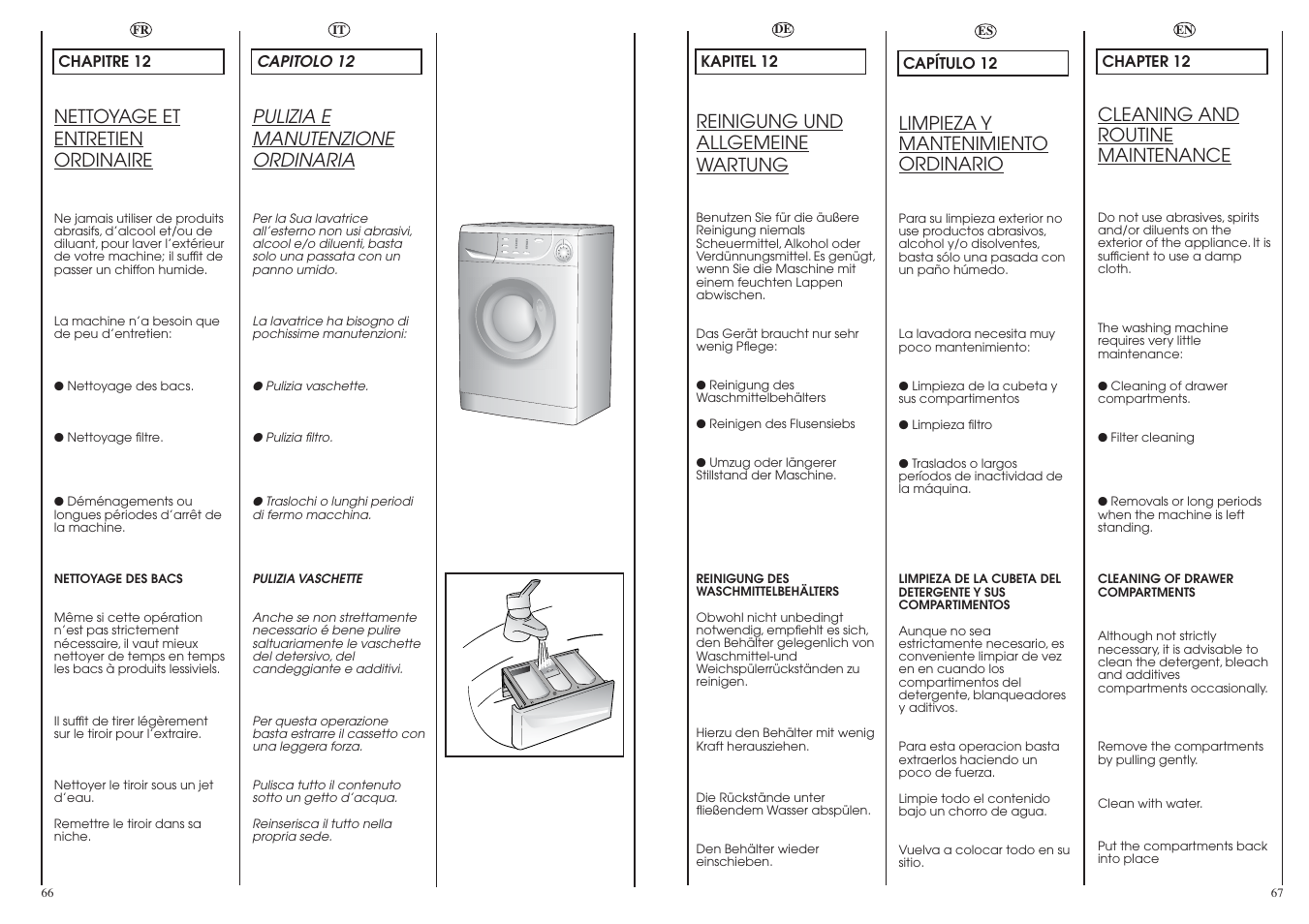 Pulizia e manutenzione ordinaria, Nettoyage et entretien ordinaire, Reinigung und allgemeine wartung | Cleaning and routine maintenance, Limpieza y mantenimiento ordinario | Candy LBCM2106.5-04S User Manual | Page 34 / 41