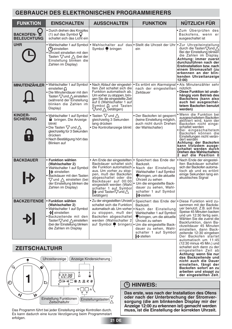 Gebrauch des elektronischen programmierers, Zeitschaltuhr, Hinweis | Candy FNP 827 X User Manual | Page 22 / 50