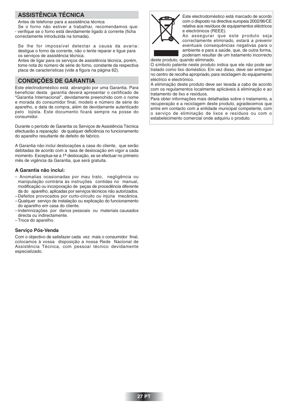 Assistência técnica, Condições de garantia | Candy FNP 827 X User Manual | Page 28 / 50