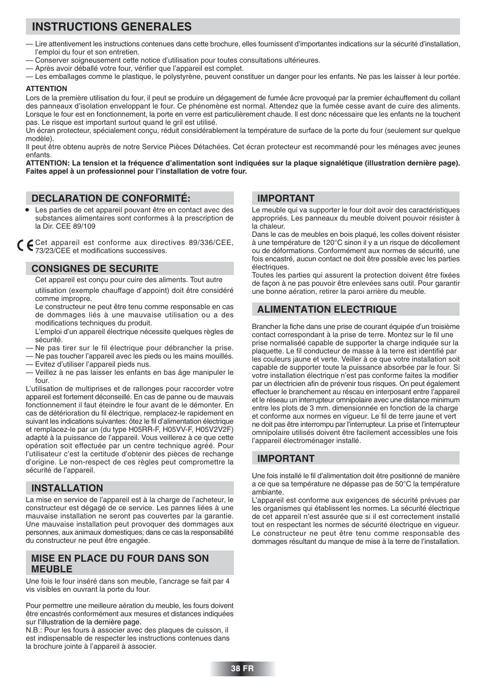Instructions generales | Candy FNP 827 X User Manual | Page 39 / 50