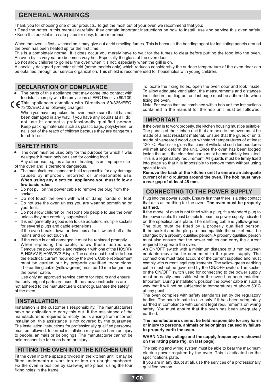 General warnings, Important, Connecting to the power supply | Declaration of compliance, Safety hints, Installation, Fitting the oven into the kitchen unit | Candy FNP 827 X User Manual | Page 8 / 50