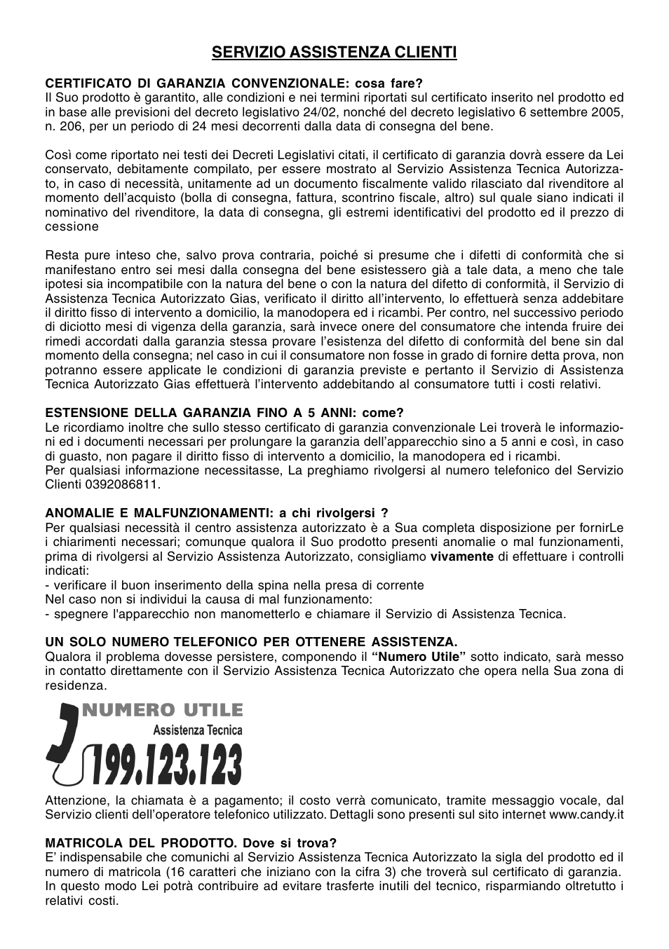 Servizio assistenza clienti | Candy PC PVD 830 N User Manual | Page 8 / 32