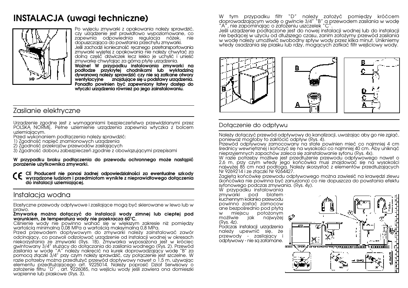 Instalacja (uwagi techniczne) | Candy LS CDW 481 M User Manual | Page 3 / 77