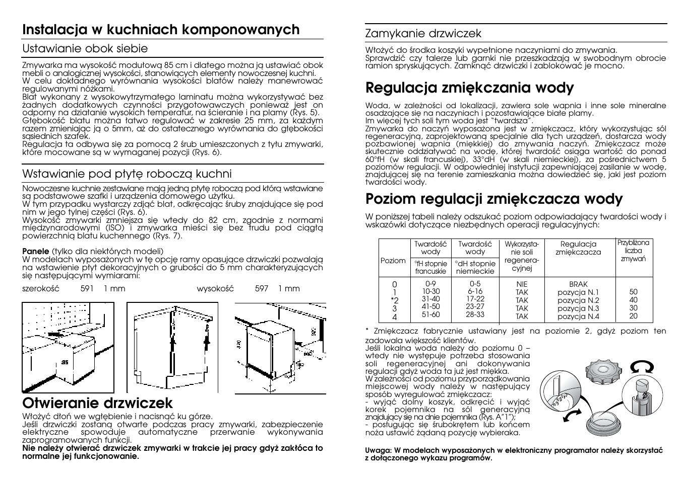 Poziom regulacji zmi´kczacza wody, Regulacja zmi´kczania wody, Otwieranie drzwiczek | Instalacja w kuchniach komponowanych | Candy LS CDW 481 M User Manual | Page 4 / 77