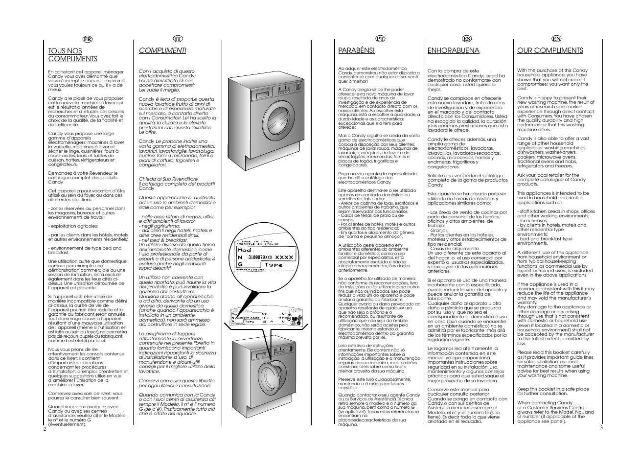 Tous nos compliments, Enhorabuena, Our compliments | Parabéns, Complimenti | Candy CWB 1307__L-S User Manual | Page 2 / 41