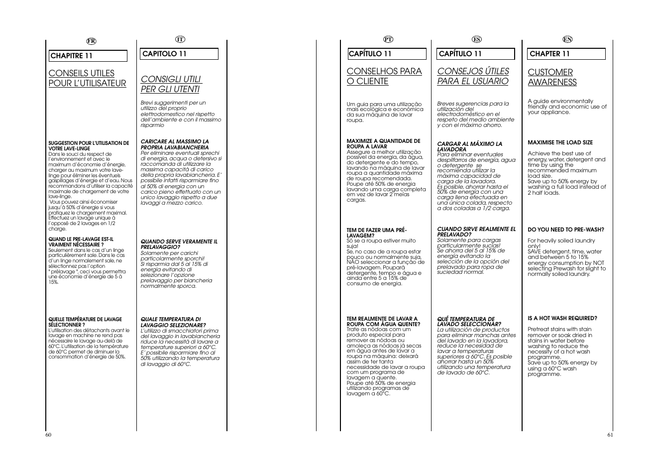 Customer awareness, Conseils utiles pour l’utilisateur, Consejos útiles para el usuario | Conselhos para o cliente, Consigli utili per gli utenti | Candy CWB 1307__L-S User Manual | Page 31 / 41