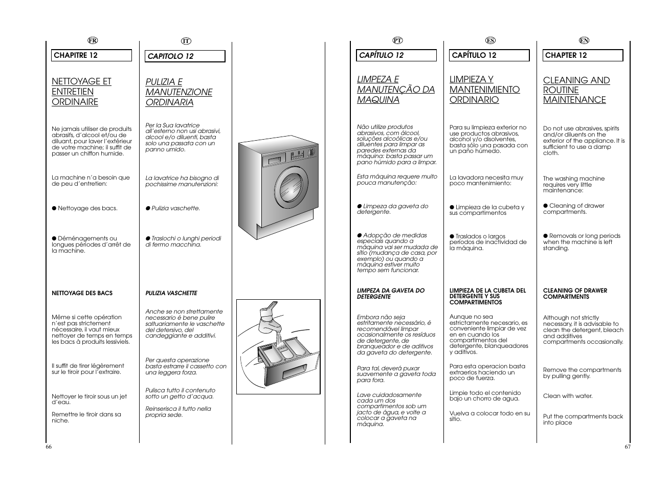 Nettoyage et entretien ordinaire, Cleaning and routine maintenance, Limpieza y mantenimiento ordinario | Limpeza e manutenção da maquina, Pulizia e manutenzione ordinaria | Candy CWB 1307__L-S User Manual | Page 34 / 41