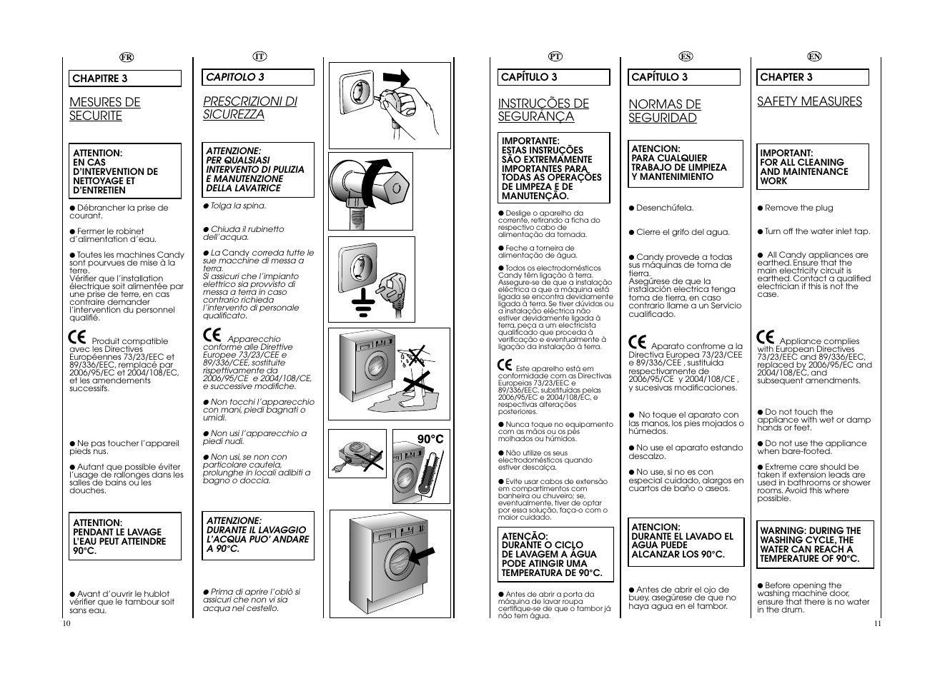 Mesures de securite, Safety measures, Instruções de segurança | Normas de seguridad, Prescrizioni di sicurezza | Candy CWB 1307__L-S User Manual | Page 6 / 41