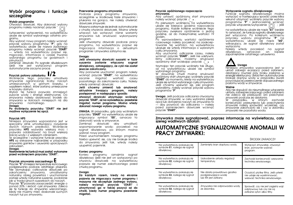 Wybór programu i funkcje szczególne | Candy DFI 95 T User Manual | Page 3 / 27