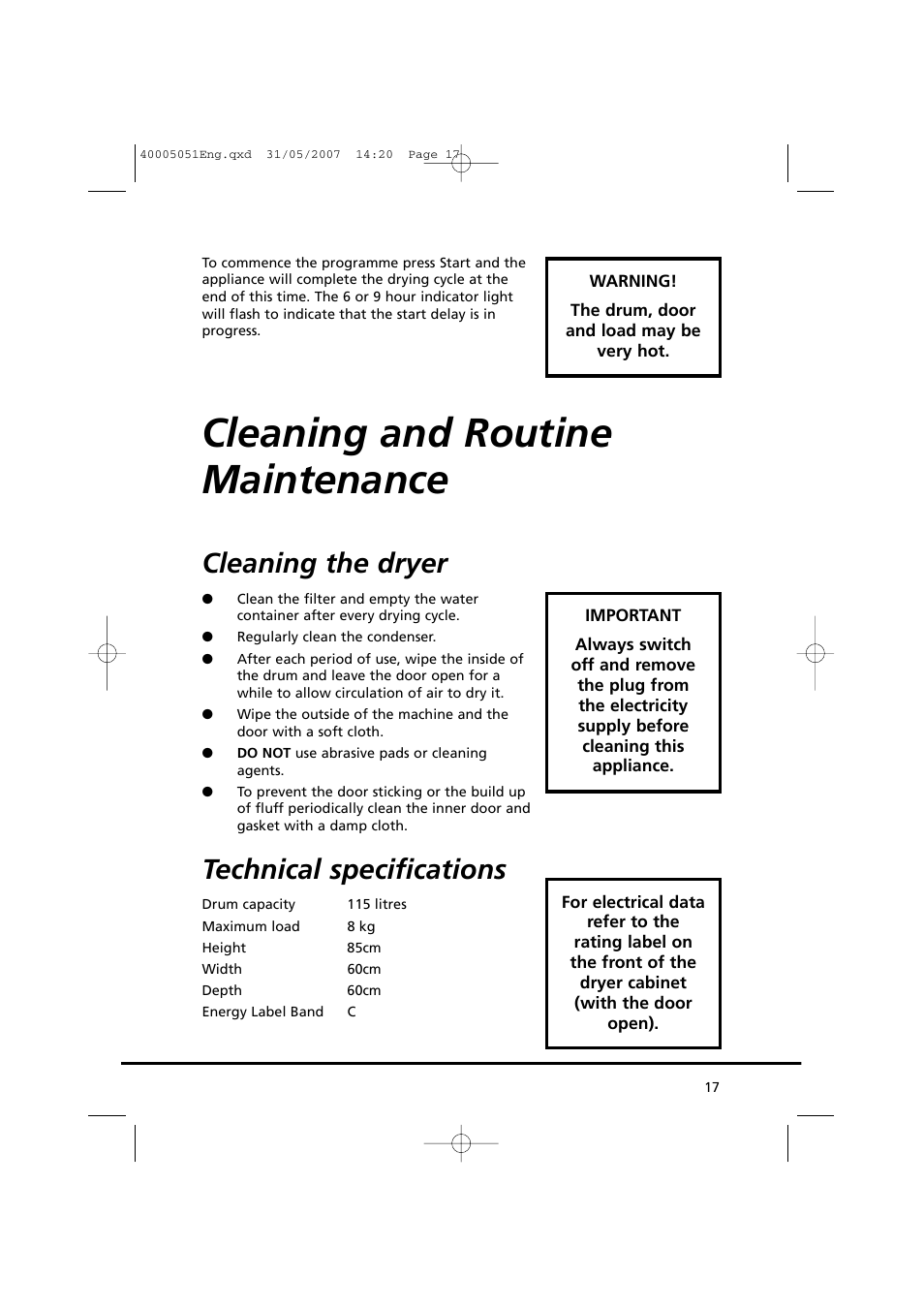 Cleaning and routine maintenance, Cleaning the dryer, Technical specifications | Candy GO DC 38-37 User Manual | Page 17 / 38