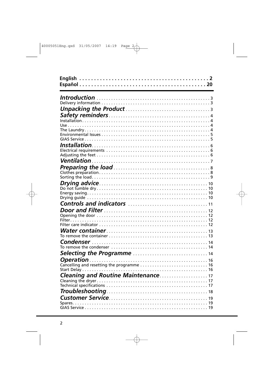 Introduction, Unpacking the product, Safety reminders | Installation, Ventilation, Preparing the load, Drying advice, Controls and indicators, Door and filter, Water container | Candy GO DC 38-37 User Manual | Page 2 / 38