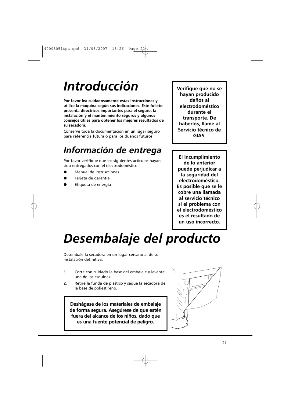 Introducción, Desembalaje del producto, Información de entrega | Candy GO DC 38-37 User Manual | Page 21 / 38