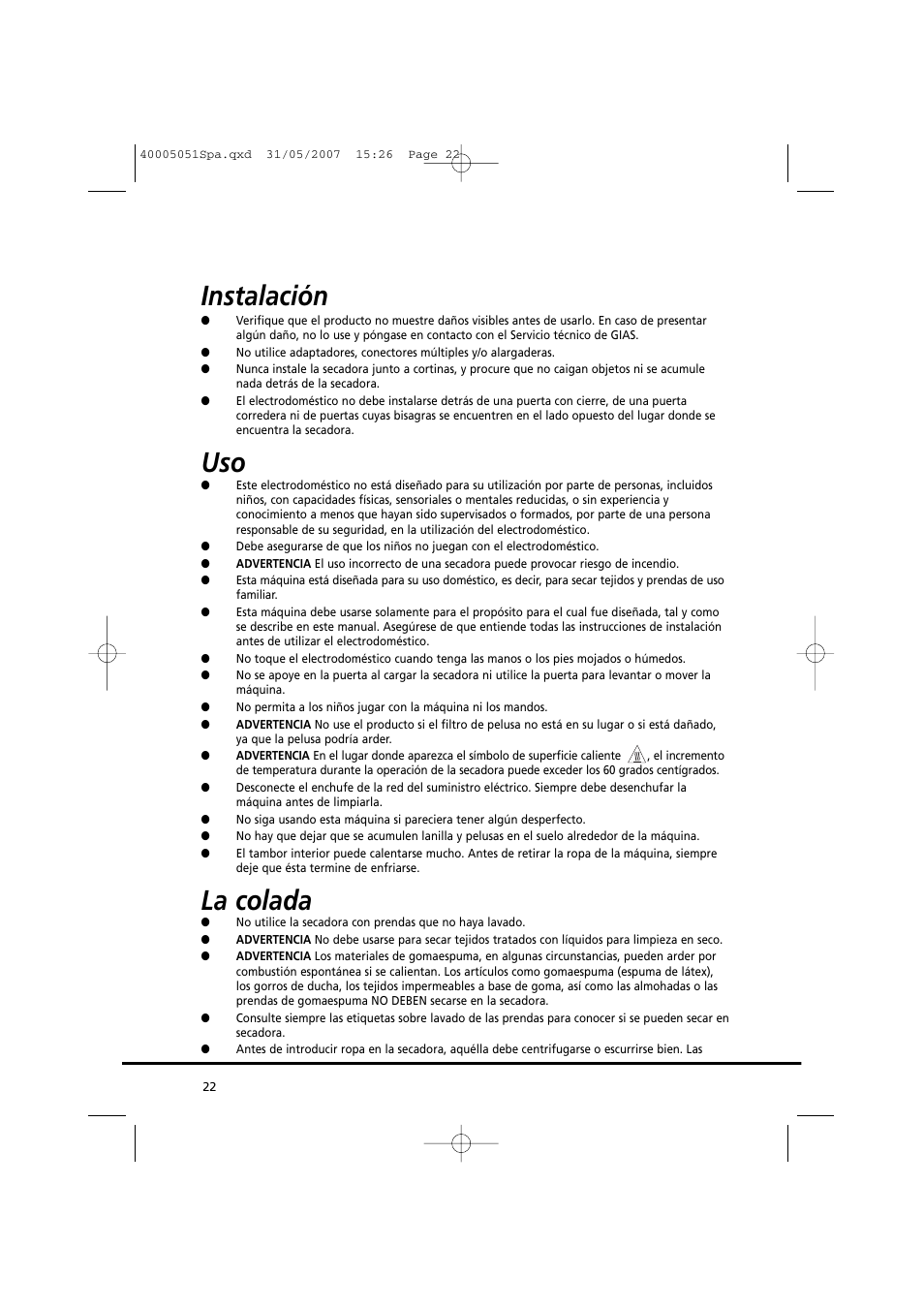 Instalación, La colada | Candy GO DC 38-37 User Manual | Page 22 / 38